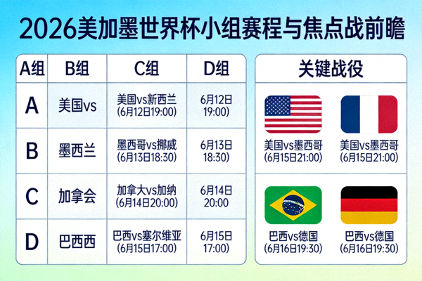 聚焦2026美加墨世界杯：小组赛程详情与关键战役前瞻 配图 展示小组赛对阵与焦点战